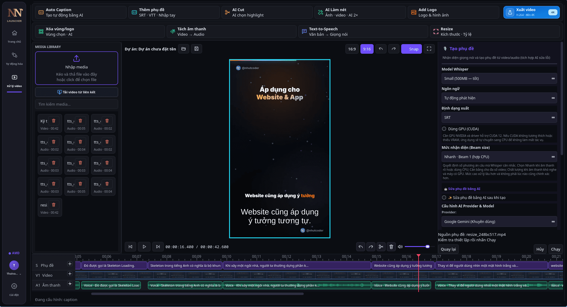 Giao diện chỉnh sửa video và tạo phụ đề của NNLauncher